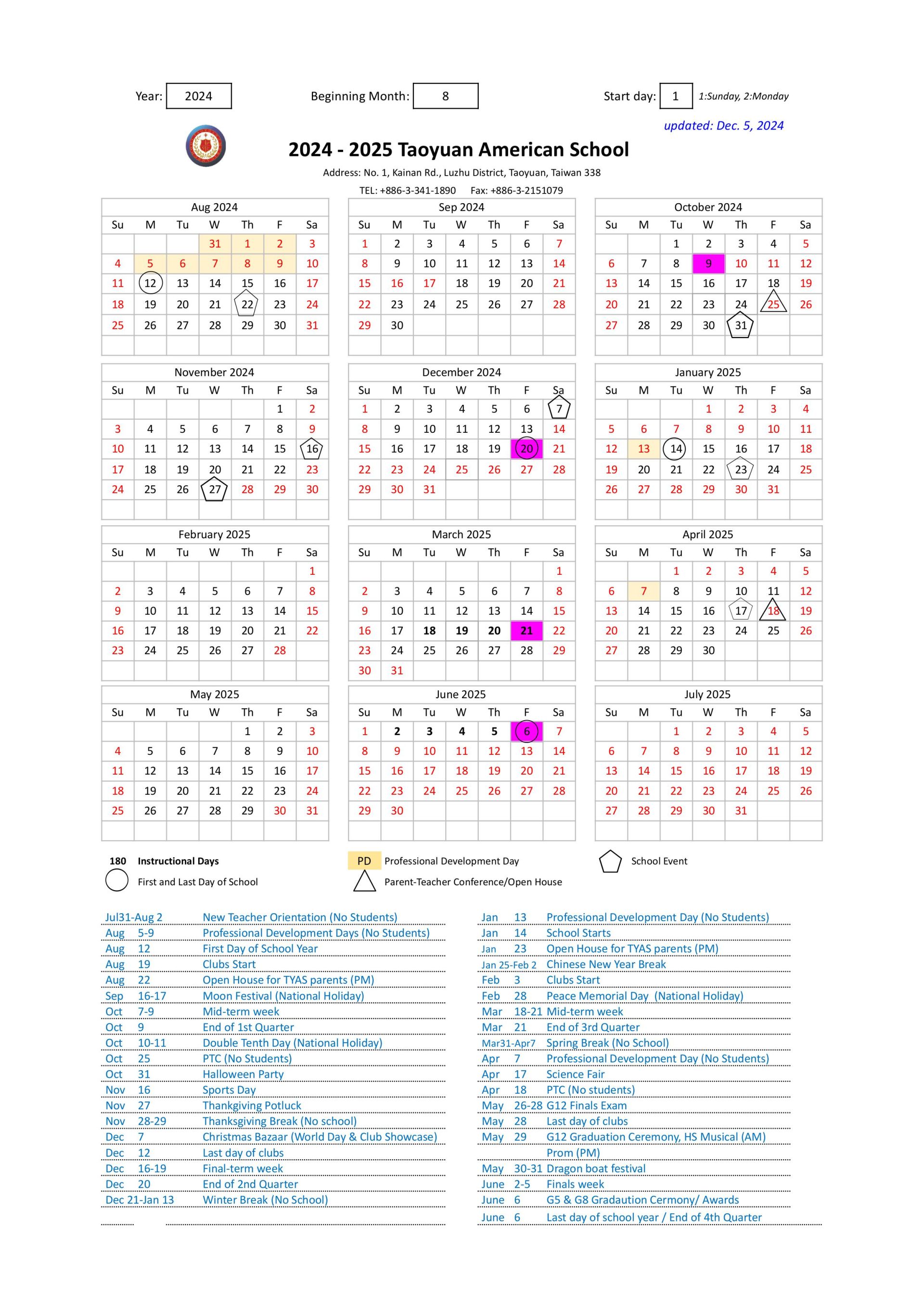 2024-2025 Academic Calendar